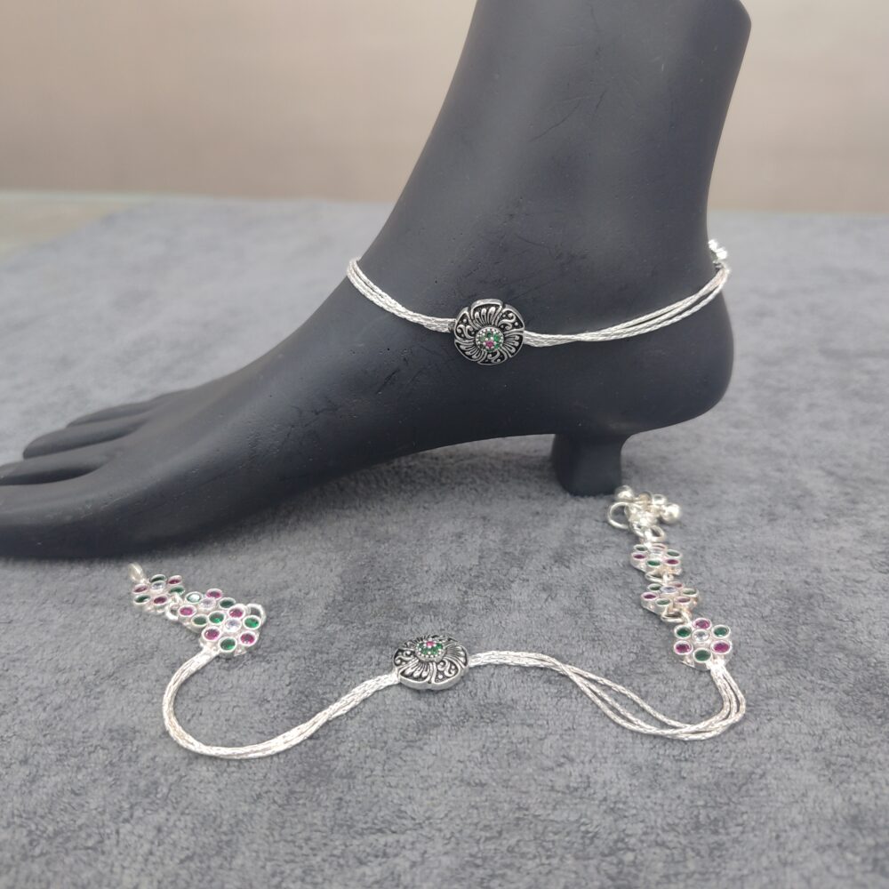 Designer Silver Anklet With Multi Colour Stones for women