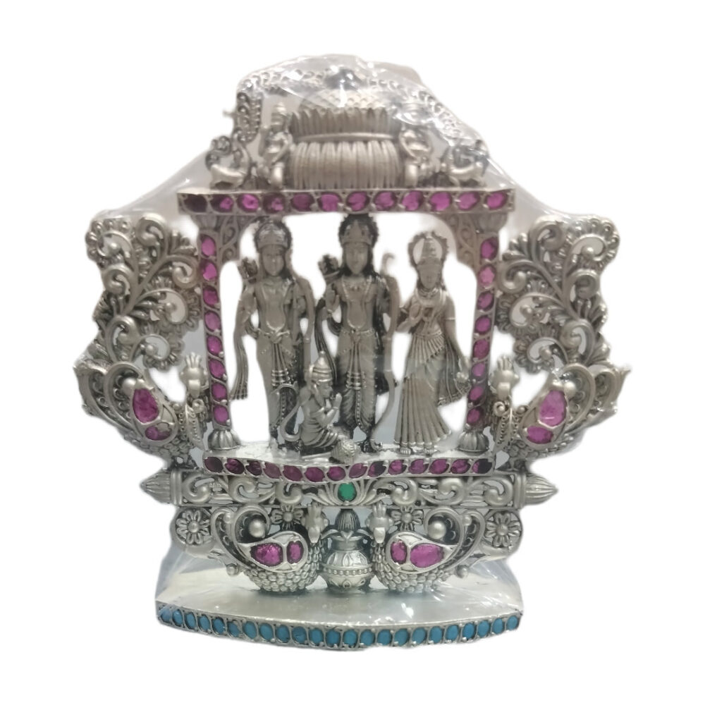 3D Silver Lord Ram Family Idol with Antique Polish and Stones